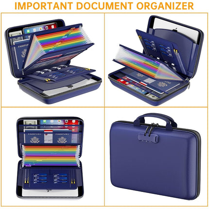 DocSafe Fireproof File Organizer with Lock, Hard-Shell Case Fireproof Document Box with 13 Pocket Accordion File Folder, Portable Home Office Travel Safe Storage for Important Documents Laptop Blue
