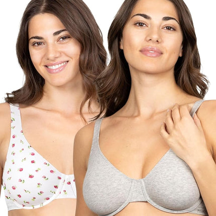 Fruit of the Loom Women's Unlined Underwire Bra-Cotton & Spandex Blend for Natural Shape and Flexibility Full Coverage, 1 inches, Dancing Rosebuds/Lilas/Grey, 42D (Pack of 3)