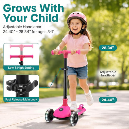 SereneLife Kids Scooter for Ages 3–7 – 3 Wheel Kick Scooter with Seat Option, Light-Up LED Wheels, Lean-to-Steer, Foldable, Adjustable Height, 50 kg Capacity, Pink