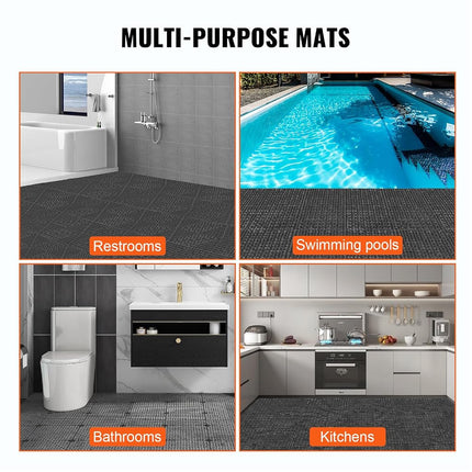 VEVOR Modular Interlocking Cushion, 12 Pack 30 x 30 cm Splicing Drainage Mats, PVC Interlocking Drainage Floor Tiles, Non-Slip Drainage Holes for Restroom, Bathroom, Kitchen, Pool, Wet Area, Black