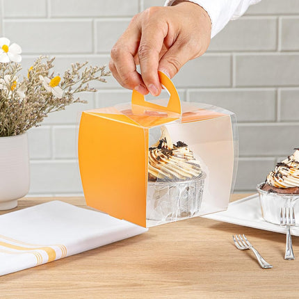 Restaurantware-4 Inch x 4.25 Inch Individual Cupcake Boxes, 100 Disposable Cupcake Display Boxes - with Handle, Leaf Accent, Clear Plastic Single Cupcake Containers, for Weddings Or Birthdays