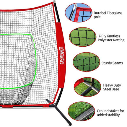 7'x7' Baseball Practice Net with Steel Frame for Batting, Hitting and Pitching, Portable Softball Net for Batting with Carrying Bag