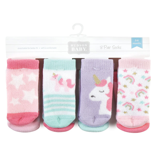 Hudson Baby Baby Girls' Cotton Rich Newborn and Terry Socks, Multicolor Unicorn, 6-12 Months