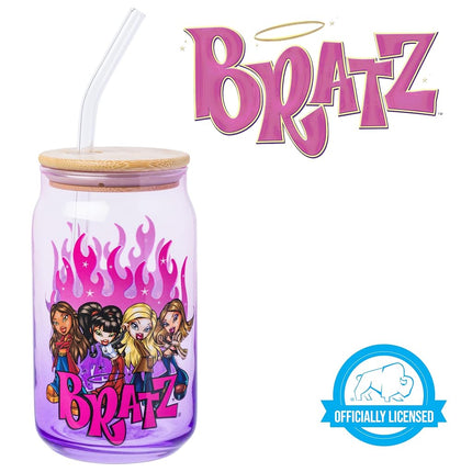 Silver Buffalo Bratz Group Shot Flames Ombre 16oz Glass Tumbler w Bamboo Lid and Glass Straw