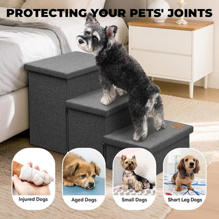 Zerbuger Dog Stairs with Storage, Dark Grey 3 Steps Dog Ramp no Condo