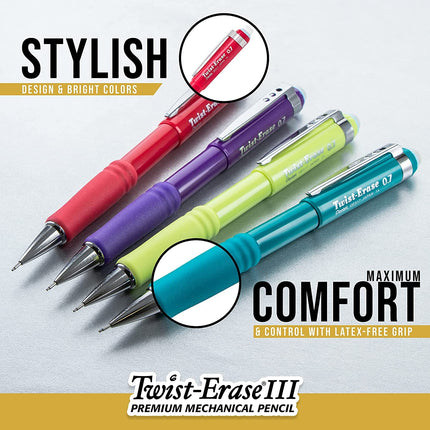 Pentel Twist Erase 0.5 mm (punta fina) - Twist Erase III - Mina Super Hi-polymer HB precargada - Barril negro - Paquete de 3