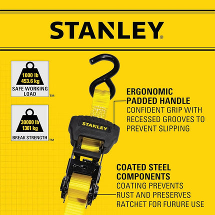 Stanley S1006 Black/Yellow 1" x 14' Ratchet Tie Down Straps - Medium Cargo Securing (3,000 lbs Break Strength), 4 Pack
