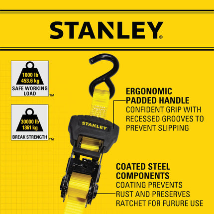 Stanley S1006 Black/Yellow 1" x 14' Ratchet Tie Down Straps - Medium Cargo Securing (3,000 lbs Break Strength), 4 Pack