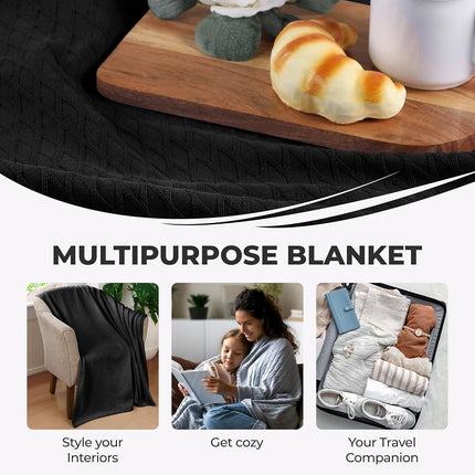 Superior 100% Cotton Thermal Blanket, Soft and Breathable Cotton for All Seasons, Bed Blanket and Oversized Throw Blanket with Luxurious Diamond Weave - Full/Queen Size, Black