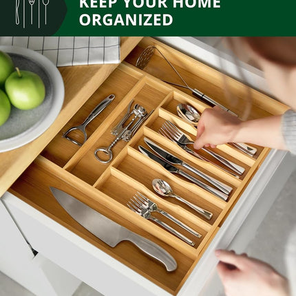 Organisateur de tiroir à couverts de luxe – Support à ustensiles et organisateur de tiroir de cuisine, organisateur de tiroir à argenterie extensible en bambou à 9 compartiments pour la cuisine, antidérapant pour couverts et ustensiles de cuisine, naturel
