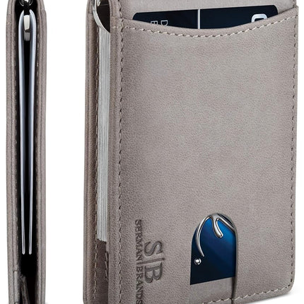 SERMAN BRANDS RFID Blocking Slim Bifold Genuine Leather Minimalist Front Pocket Wallets for Men with Money Clip Thin Gift, Slate Gray 1.S, Small