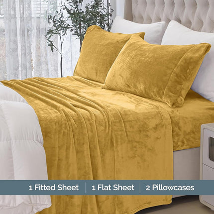 Parure de draps 4 pièces en velours doux et luxueux, qualité supérieure, douce et chaude, antistatique, anti-boulochage, en flanelle de velours polaire avec poches profondes – Twin XL, Doré