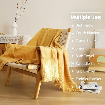 Manta Simple&Opulence de muselina de algodón de 4 capas para cama, sofá, manta de gasa tejida con borlas, suave, ligera, acogedora, prelavada, transpirable, decoración de granja para todas las estaciones (amarillo)