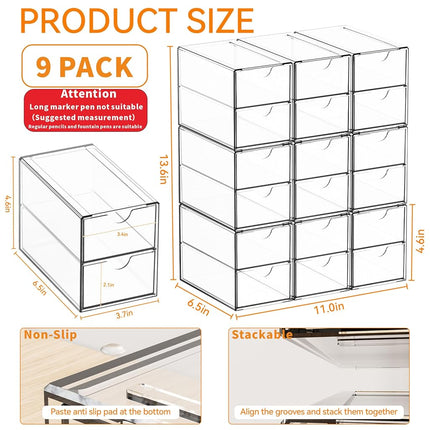 Yieach 9 Pack Small Acrylic Drawers With 18 Drawers,Clear Drawer Organizers Stackable,School,Office Supplies Organizer And Storage Bins for Stationery,Pen,Pencil,Craft,Glasses,Sunglass Organizer Case
