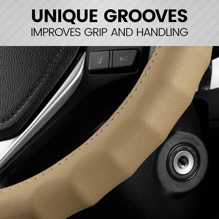 Funda de volante de cuero genuino beige BDK para automóvil, mediana (14.5" - 15.5") – Agarre ergonómico cómodo para hombres y mujeres, funda de volante de automóvil de ajuste universal para la mayoría de los vehículos