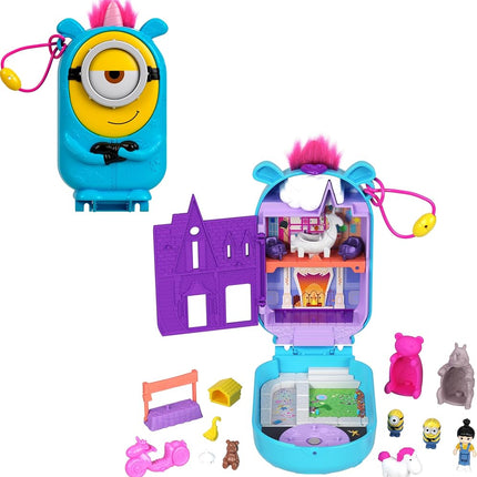 Polly Pocket & Minions Playset with 1 Doll, 2 Minions Figures & Fluffy the Unicorn Toy, Collectible Compact with 9 Accessories, HWP09