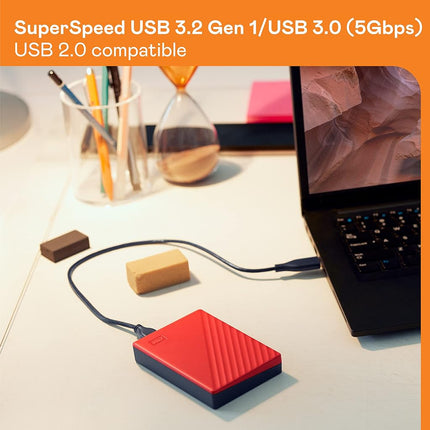 WD My Passport 2TB Portable External Hard Drive, USB 3.2 Gen 1, Red