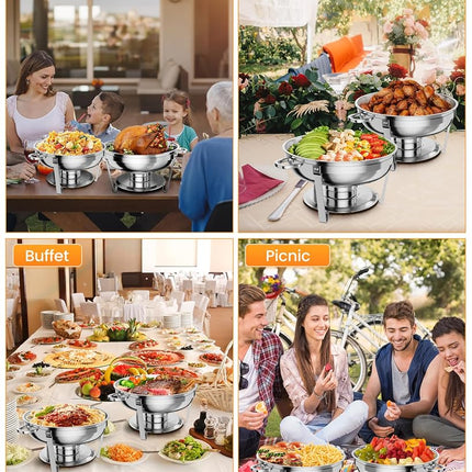 Plat de service pour buffet, service de buffet rond de 5 pintes avec support de couvercle, chafers et chauffe-plats en acier inoxydable avec cuillère et pinces pour les fêtes, les mariages (argent, lot de 2)
