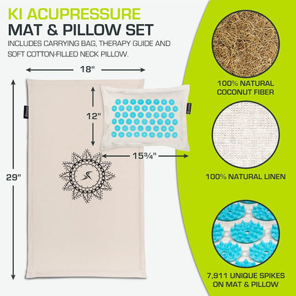 ProsourceFit Ki Acupressure Mat and Pillow Set with 100% Natural Linen and Coconut Fiber Filling; Spike Mat for Back and Neck Pain Relief, Muscle Relaxation, and Stress Relief, Natural Aqua