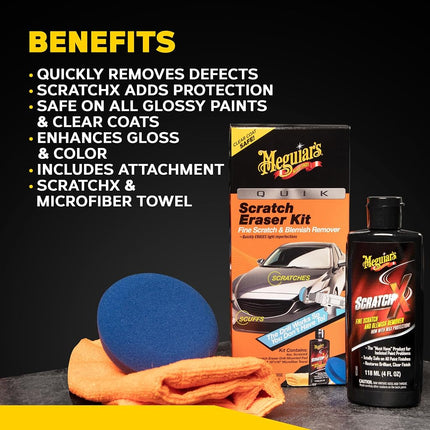 Meguiar’s Quik Scratch Eraser Kit, Car Scratch Remover That Removes Blemishes, Includes Meguiar’s ScratchX, Drill-Mounted Pad, Microfiber Towel