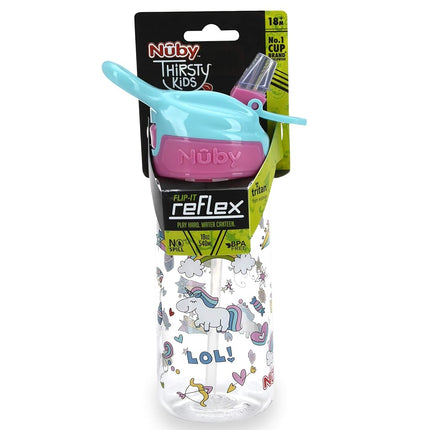 Botella de agua de tritán Nuby Push Button Flip-it con boquilla suave, Unicornios rosados, 532 ml