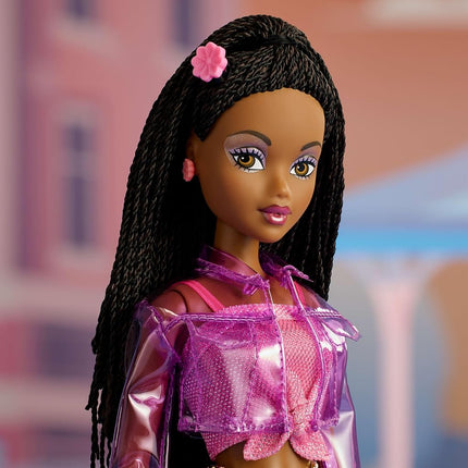 Barbie Signature My Scene Jai Doll and Accessories, Black Braids, Y2K-Inspired Outfit with Pink Top, Vinyl Jacket, Floral Flare Pants and Doll Stand, JBH84