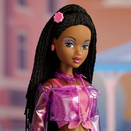 Barbie Signature My Scene Jai Doll and Accessories, Black Braids, Y2K-Inspired Outfit with Pink Top, Vinyl Jacket, Floral Flare Pants and Doll Stand, JBH84