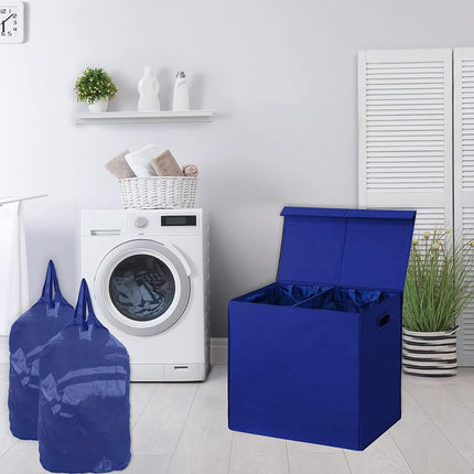 Simplehouseware Double Laundry Hamper with Lid and Removable Laundry Bags, Dark Blue