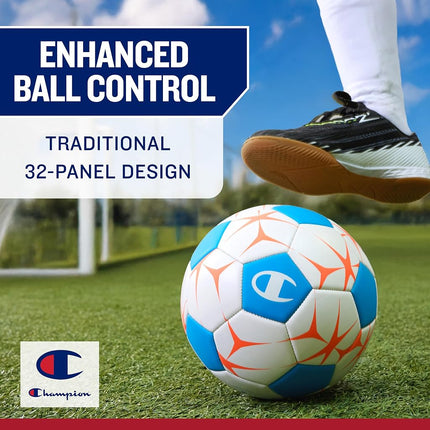 Champion Prodigy Soccer Ball (Size 5, Tango Red/Medieval Blue) – Matte Finish, 32-Panel Design, Enhanced Control, PVC Cover & Butyl Bladder, for Indoor & Outdoor Training, Includes 6" Pump