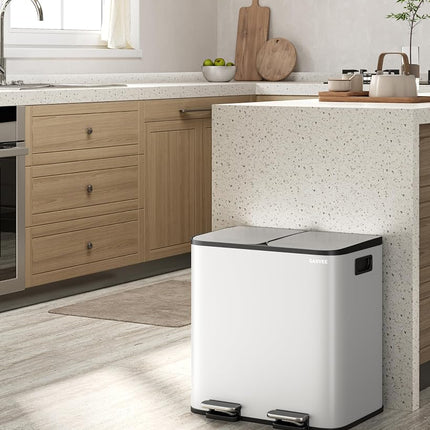 GarveeHome 2 x 4 gal Stainless Steel Double Trash Can with Lid for Kitchen, Large Dual Trash and Recycle Bin Combo, Step-on Kitchen Metal Garbage Cans, PP Inner Buckets, Liner Rim, White