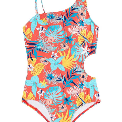 Kanu Surf Girls' Cori Beach Sport One Shoulder Side Cut UPF 50+ 1pc Swimsuit, Nellie Coral, 14