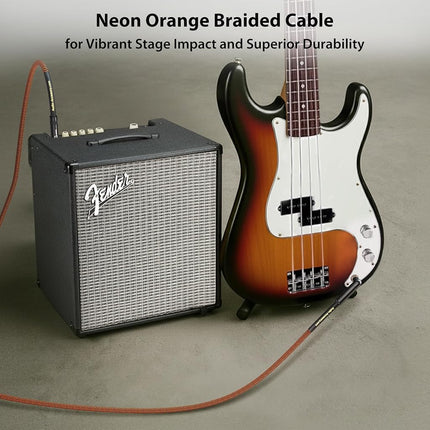 Pro Bass Guitar Cable 10 ft, Gold-Plated Neutrik REAN Connector, 18 AWG OFC, Braided 1/4 Inch Instrument Cable for Fender Electric Bass Guitar Combo Amp Rumble Marshall, Right Angle, Neon Orange/Black