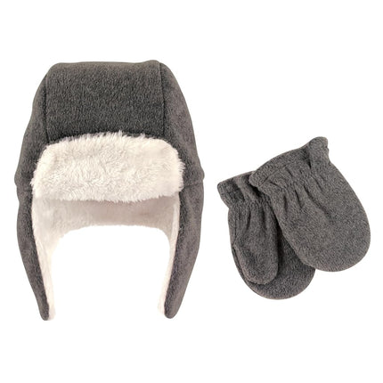 Ensemble bonnet trappeur et moufles en polaire Hudson Baby, gris anthracite chiné, 3T