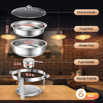 Rengue Plats à Chafing 6 pintes pour Buffet, Lot de 4 Plats à Chafing Ronds en Acier Inoxydable, Serveurs et Chauffe-plats de Buffet Chauffants et Refroidissants, Chauffe-plats pour Fêtes, Réceptions, Banquets, Mariages