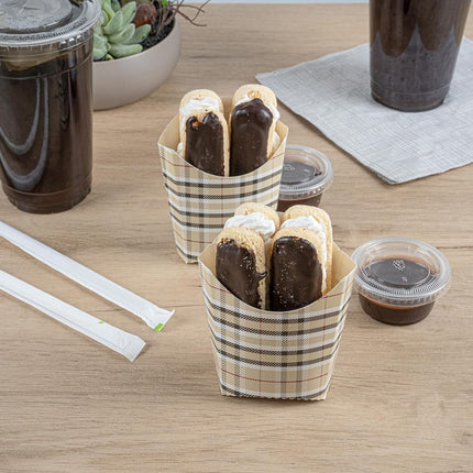 Bio Tek 3.9 x 2.6 x 3.5 Inch French Fry Cup, 100 Disposable Snack Cups - Stackable, Sustainable, Plaid Paper 2 Ounce Fry Holder, for Fries, Onion Rings, Popcorn, or Cookies - Restaurantware