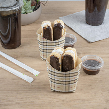 Bio Tek 3.9 x 2.6 x 3.5 Inch French Fry Cup, 100 Disposable Snack Cups - Stackable, Sustainable, Plaid Paper 2 Ounce Fry Holder, for Fries, Onion Rings, Popcorn, or Cookies - Restaurantware