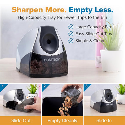 Bostitch Office Personal Electric Pencil Sharpener, Powerful Stall-Free Motor, High Capacity Shavings Tray, 7yr Warranty, Chrome Metallic