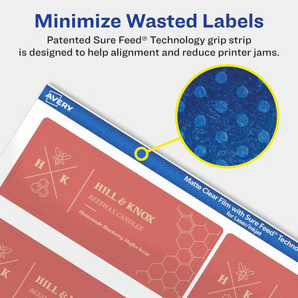 Avery Matte Clear Rectangle Labels, Sure Feed Technology, 1.5" x 3.75", 100 Matte Clear Labels, Print-to-The-Edge, Laser/Inkjet Printable