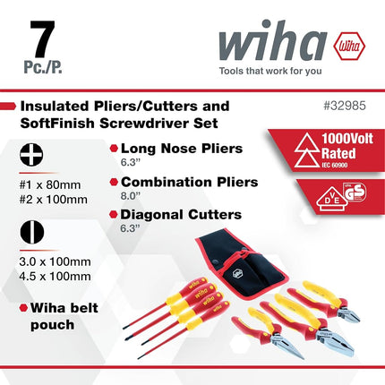 Wiha 32985 7 Piece Insulated Industrial Pliers/Cutters/Drivers Belt Set