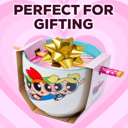 Silver Buffalo The Powerpuff Girls Girl Power Featuring Blossom, Bubbles, and Buttercup Ceramic Ramen Noodle Rice Bowl with Chopsticks, Microwave Safe, 20 Ounces