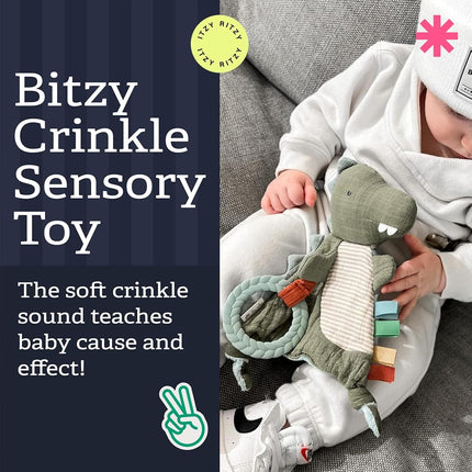 Itzy Ritzy - Bitzy Crinkle Sensory Toy Fox with Crinkle Sound for Babies & Toddlers - Features Soft Braided Teething Ring & Textured Ribbons, Designed for Ages 0 Months and Up, Dinosaur