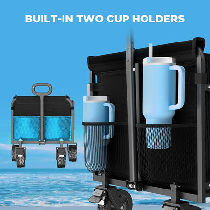 Folding Wagon, Extra Long Extender, Heavy Duty All-Terrain Wheels for Camping, Sports, Shopping, 330 lbs Capacity, Collapsible Cart for Beach, Sand and Large Events,Black (Black-Blue001)