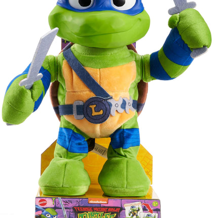 Mattel Teenage Mutant Ninja Turtles: Mutant Mayhem Leonardo Plush Toy with Action and 20+ Sounds, Character Stylized 11 Inch Soft Doll with Vinyl Head