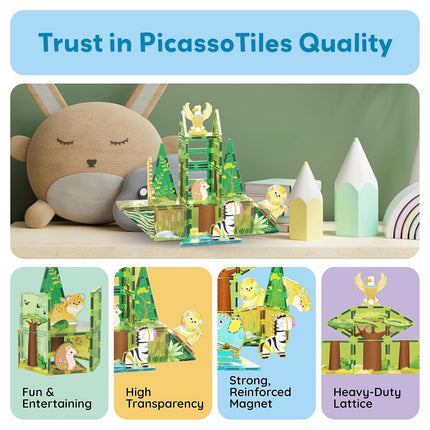 PicassoTiles 46pc Magnet Tile Building Block Safari Themed Set with 8 Compatible Magnetized Animal Action Figures Build Blocks Toddler Creativity Toys STEAM Educational Learning Skills Ages 3+ PTQ12