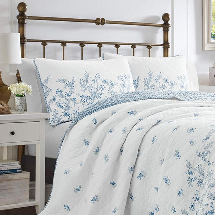 Laura Ashley - Flora Collection - Quilt Set - 100% Cotton, Reversible Bedding with Matching Sham(s), Pre-Washed for Added Softness, Twin, Blue