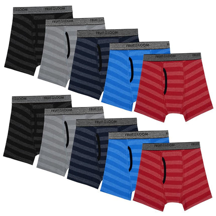 Fruit of The Loom Boys' Tag Free Cotton Boxer Briefs, Boy - 10 Pack - Traditional Fly Stripes, Medium
