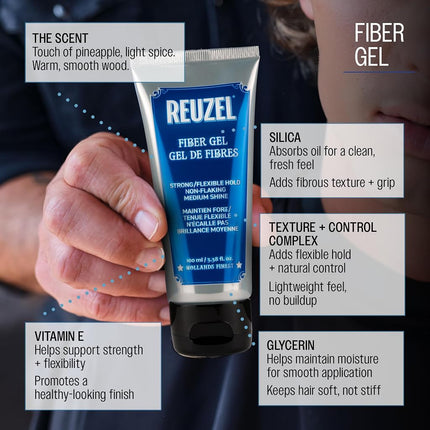 Reuzel Fiber Gel for Men - Alcohol Free Formula - Subtle, Sugary Rum Fragrance - Non Sticky and Flake Free - Adds Fullness and Structure to the Hair - Firm Holding Power - Easy to Wash Away - 100 ml