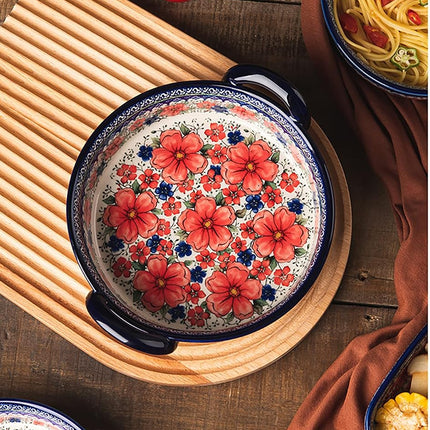 Bicuzat Vintage Style Cherry Blossom Flowers Pottery Bakeware Ceramic Casserole Dish Baking Pan Lasagna Pans Baking Dish with Handles for Oven to Table-1 PCS, 32 oz