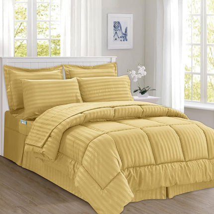Élégant Confort Soie Douce Parure de Lit Complète à Rayures Dobby 8 Pièces, comprend un ensemble de draps intelligents 4 pièces, un cache-sommier, une couette, des taies d'oreiller et des housses de coussin assorties - Lit Simple/Simple XL, Doré