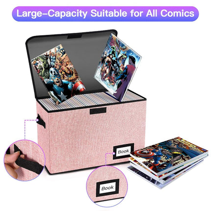 YNSZAS 2 Pack Comic Book Storage Box, Protector Organizer, 15.8" X 7.8" X 11.8", Collapsible Short Box, Holds 160-180 Books, Container Holder Shelf Bin (Pink)